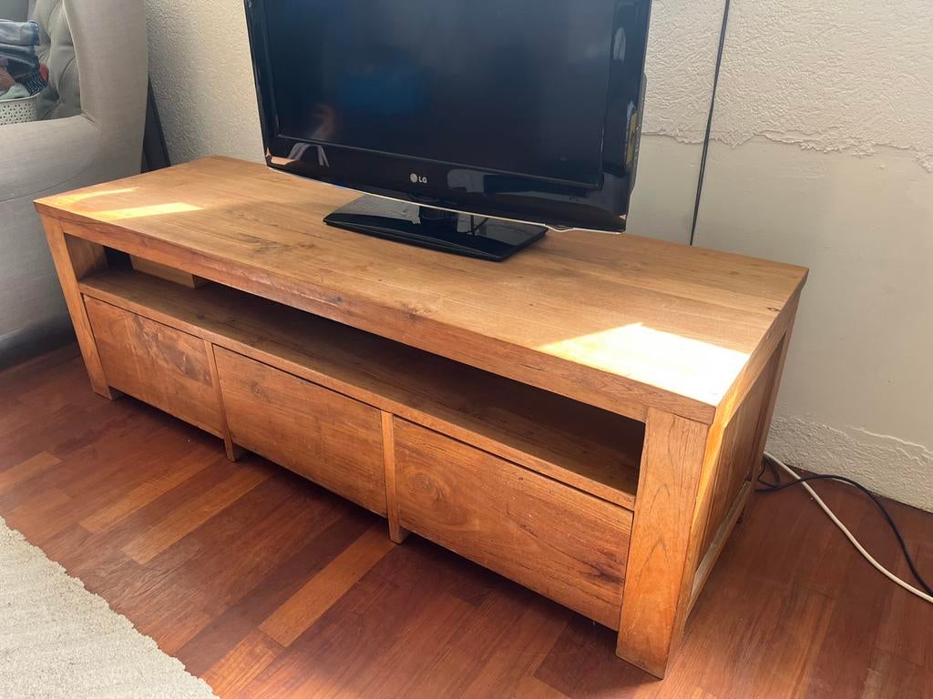 Teak houten tv meubel, Huis en Inrichting, Ophalen, 100 tot 150 cm, Teakhout, Zo goed als nieuw