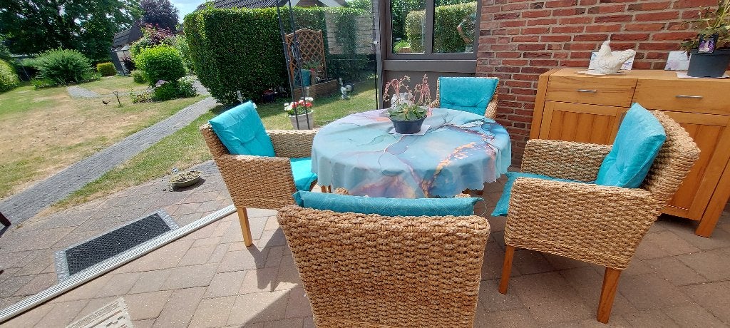 4 zware rotan eetkamerstoelen met zelfgemaakte kussens, Ophalen, Gebruikt, Bruin, Riet of Rotan