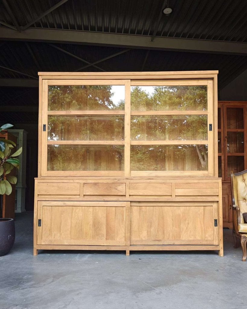 Grote greeploze buffetkast | Teakhouten schoolkast #3819, Glas, Gebruikt, Met deur(en), -