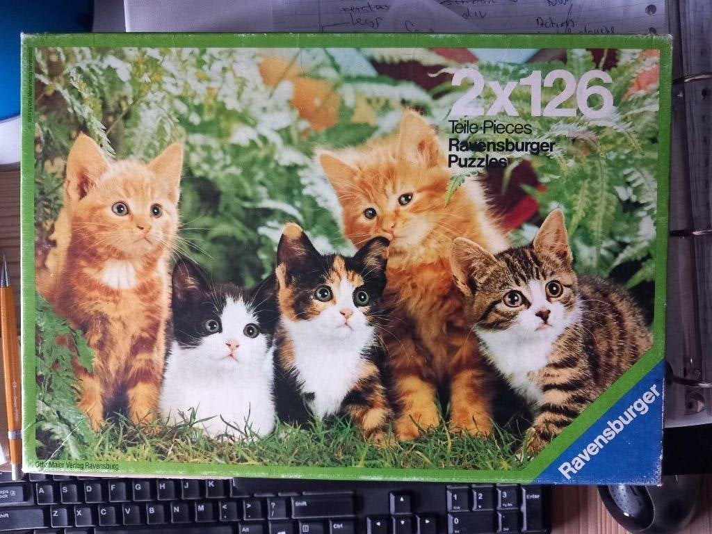 Legpuzzel hond/kat 2x 126 stukjes, Ophalen of Verzenden, Minder dan 500 stukjes, Gebruikt, Legpuzzel