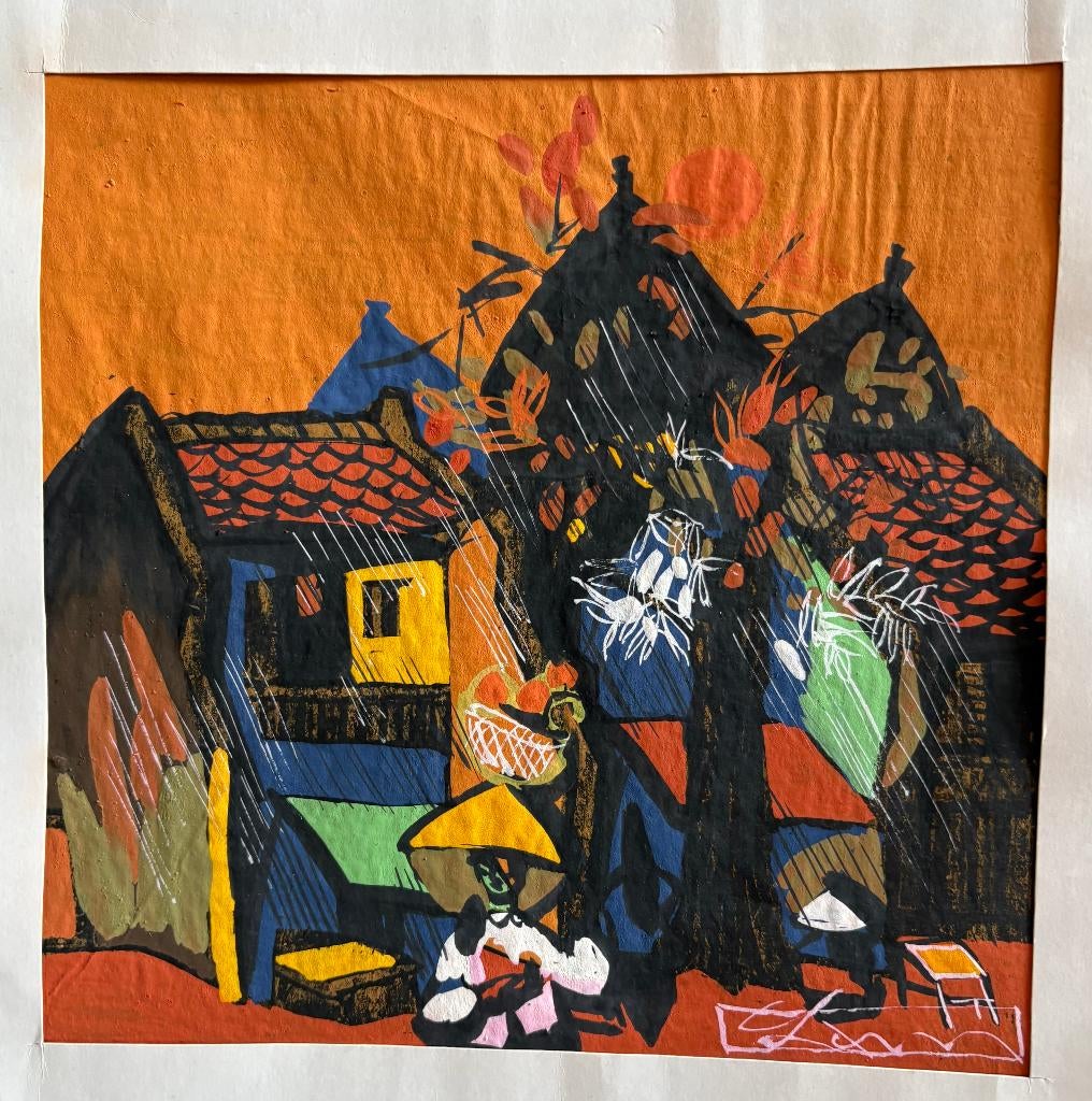 Vrolijk schilderij, Vietnam?, Antiek en Kunst, Ophalen of Verzenden