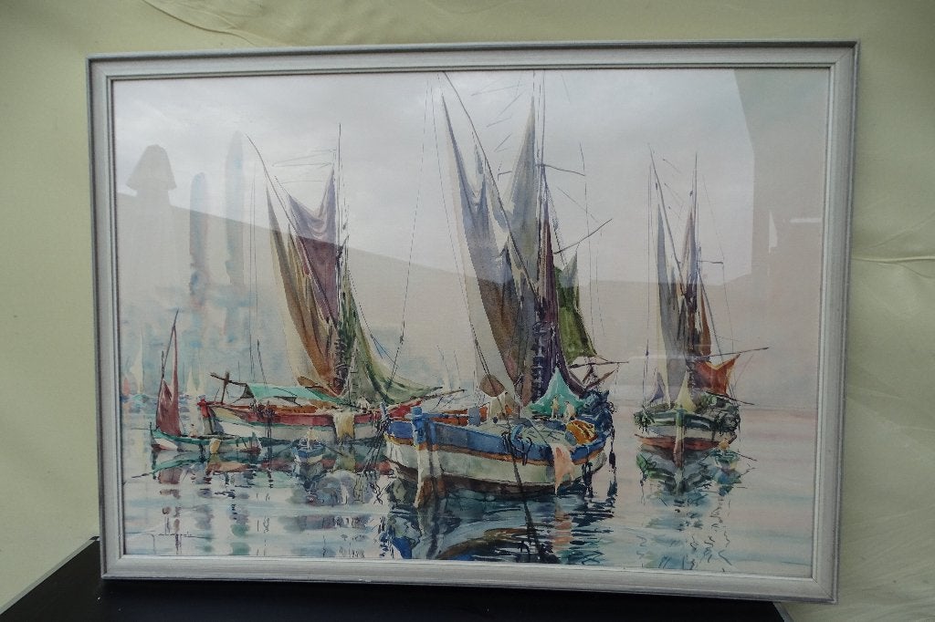 Aquarel zeilboten, George Chappuis, Antiek en Kunst, Kunst | Schilderijen | Klassiek, Ophalen, Origineel werk, Aquarel, Maritiem / water