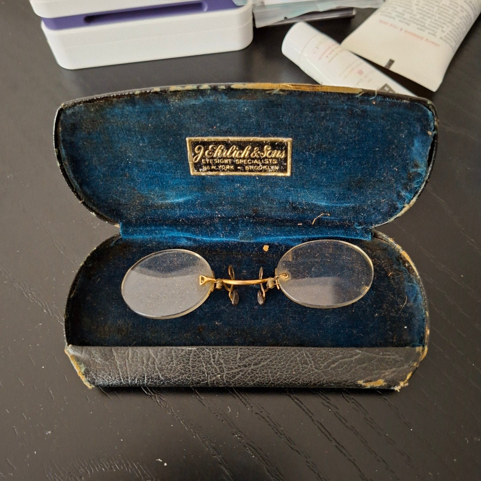 Antieke Pince-Nez (Knijpbril) met etui – J. Ehrlich & Sons, Antiek en Kunst, Ophalen of Verzenden