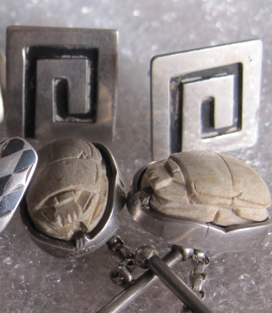 Antiek zilveren manchetknoppen 4 paar scarabee..en Lees info, Ophalen, Zilver, Manchetknopen
