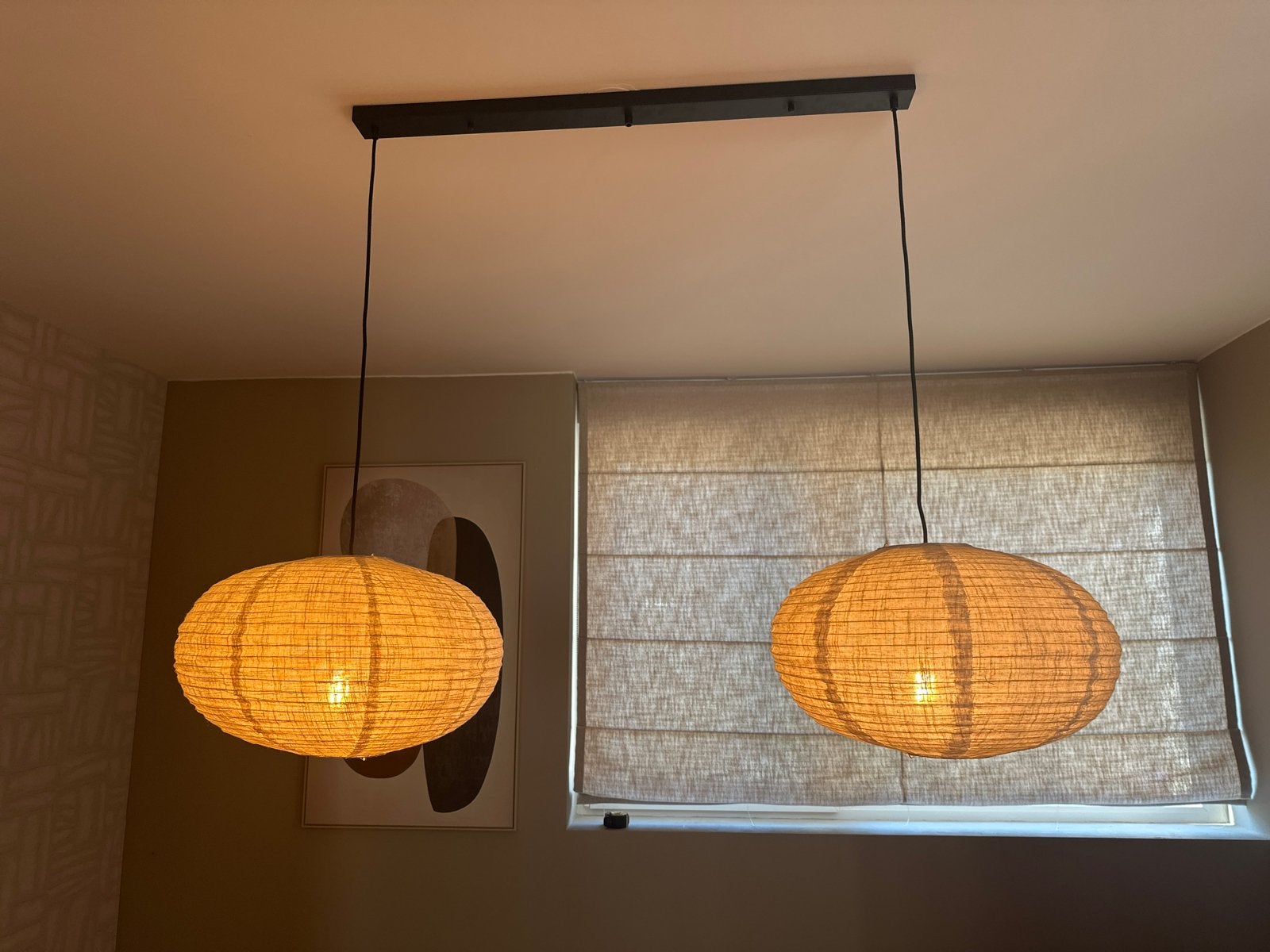 Set van 2 hanglampen met linnen kap, Huis en Inrichting, Ophalen, Zo goed als nieuw, Textiel, E27 (groot)