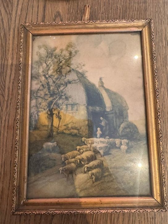 Oud schapen prentje in gouden lijst, Antiek en Kunst, Kunst | Schilderijen | Klassiek, Ophalen of Verzenden