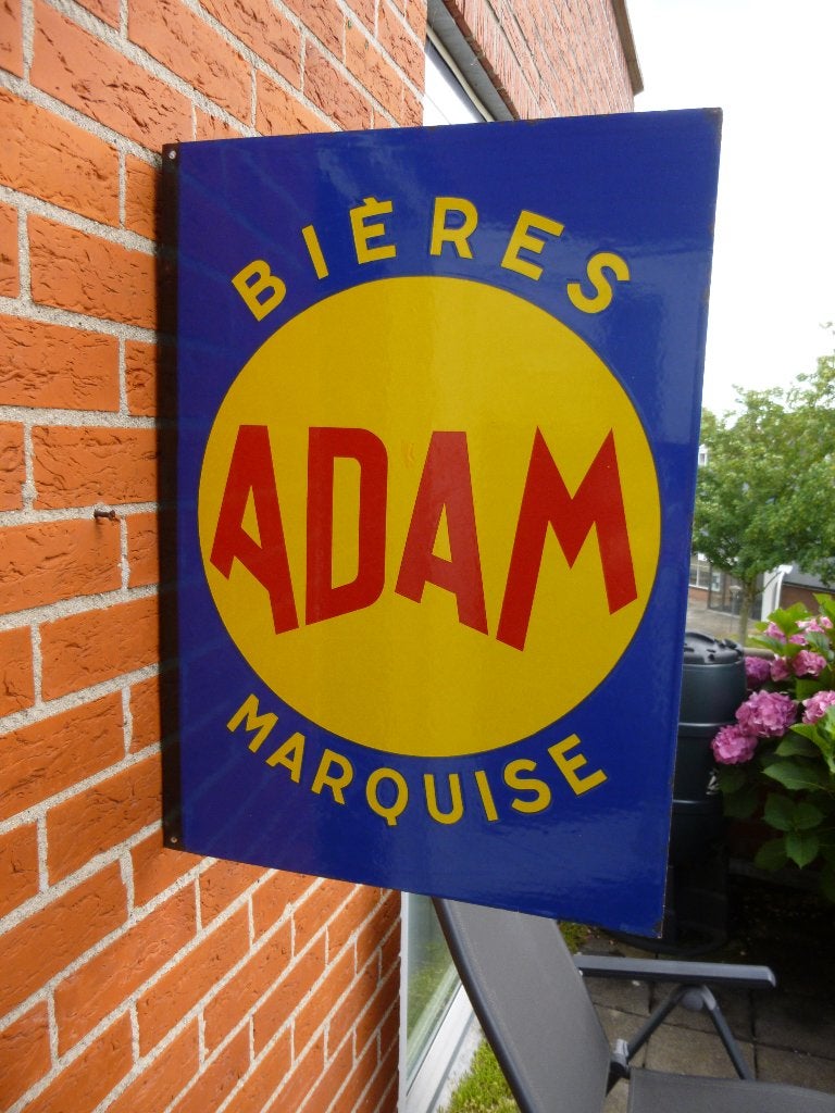 EMAILLE RECLAME BORD"BIERES ADAM MARQUISE"EAS JAREN 50, Ophalen of Verzenden, Gebruikt, Reclamebord