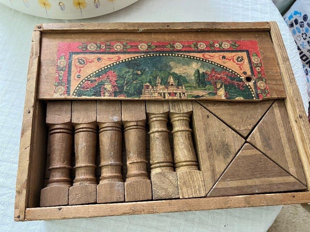 Vintage Houten Bouwblokken Set met Tempel Afbeelding, Ophalen of Verzenden