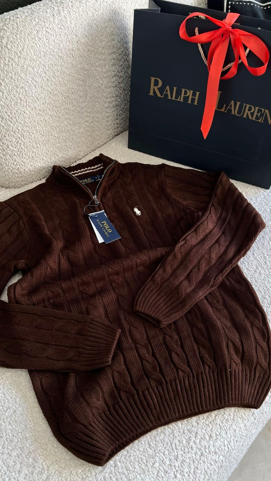 Ralph Lauren Kabelgebreide Trui met Halve Rits, Ophalen of Verzenden, Nieuw, Overige maten, Bruin