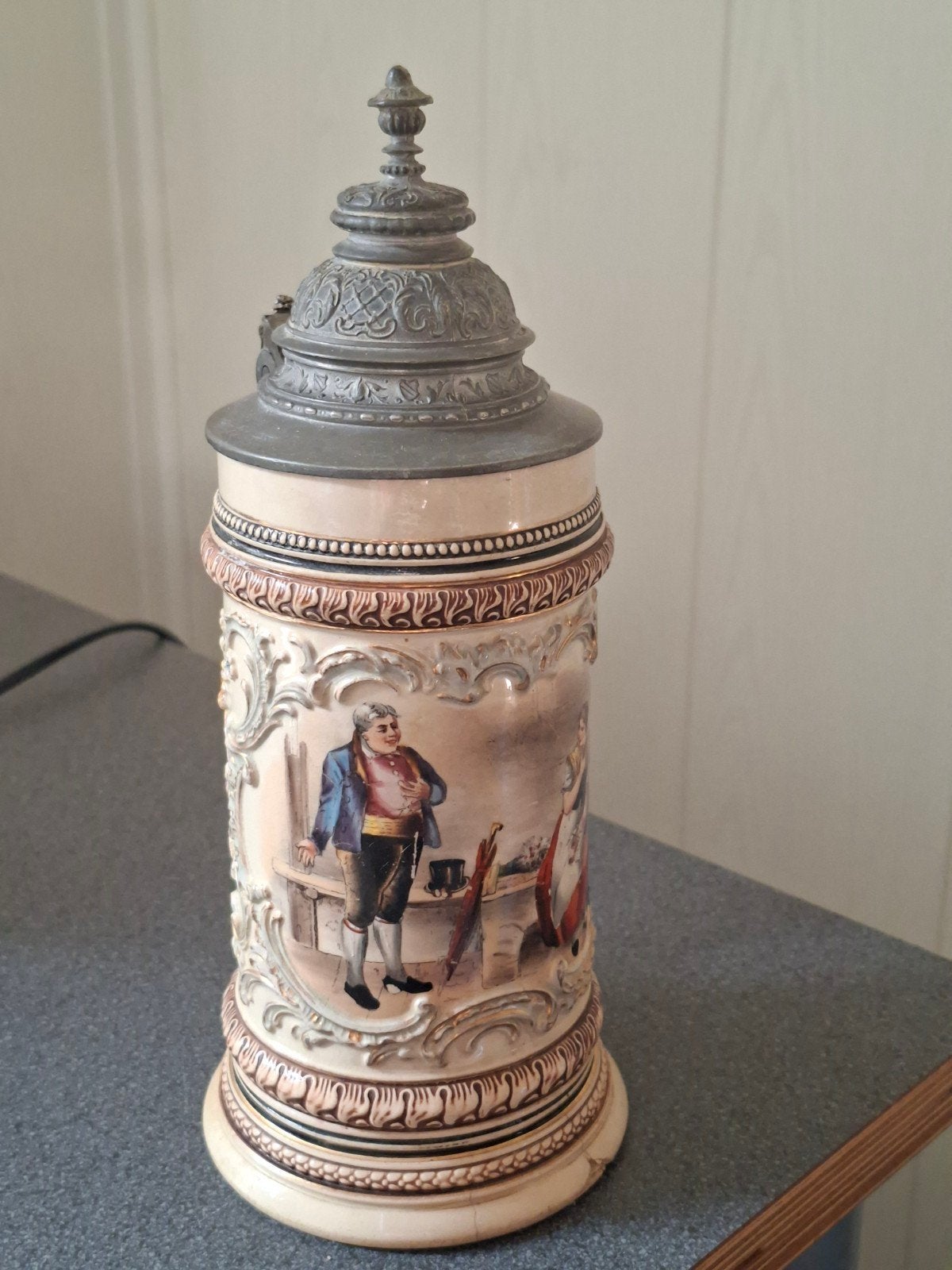 Vintage Duitse Keramische Bierpul met Tin Deksel, Ophalen of Verzenden