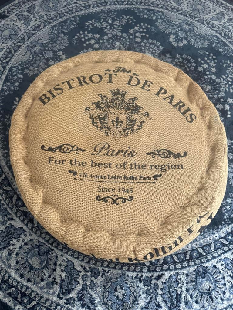 Leuke poef met 'Bistrot de Paris' print, Ophalen, Gebruikt, Rond, Stof