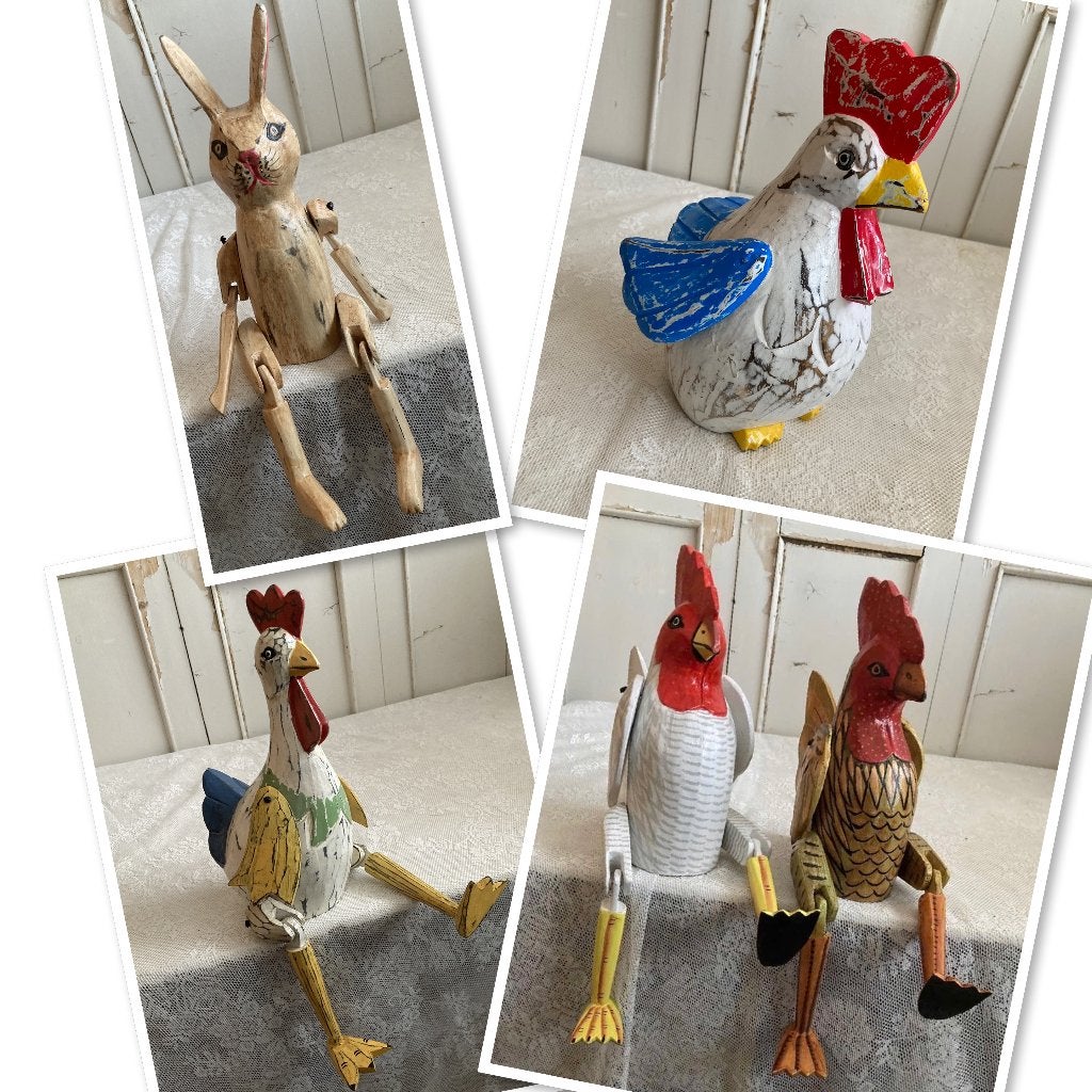 Fairtrade / Houten haan, kip en haasje met bungelbeentje, Huis en Inrichting, Woonaccessoires | Overige, Ophalen, Hout, ---, Meerkleurig