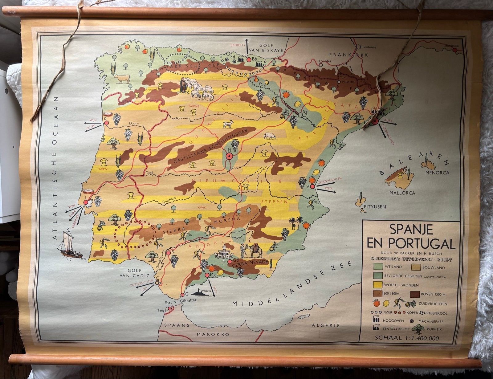 Vintage Schoolkaart Spanje en Portugal - 110 x 85, Antiek en Kunst, Ophalen, Aardrijkskunde