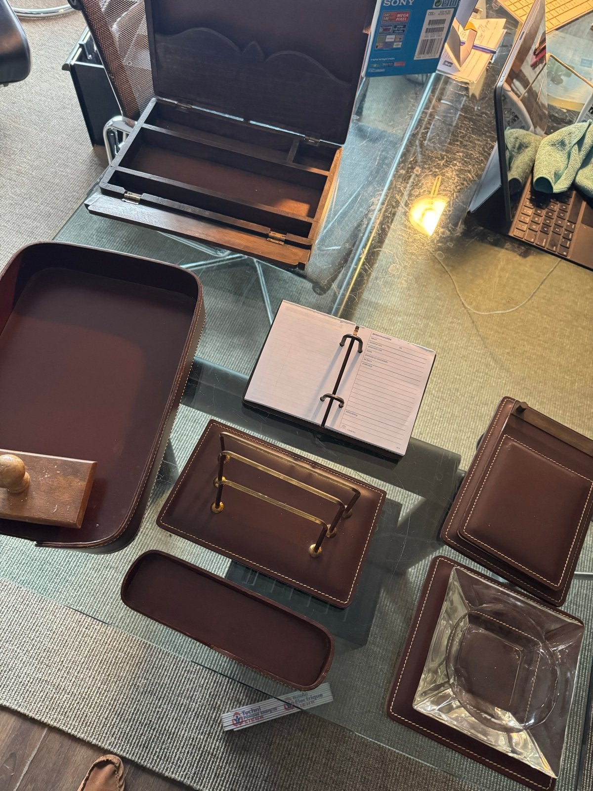 Complete Leren Bureau Desk Set met Houten Schrijfdoos, Ophalen of Verzenden, Gebruikt