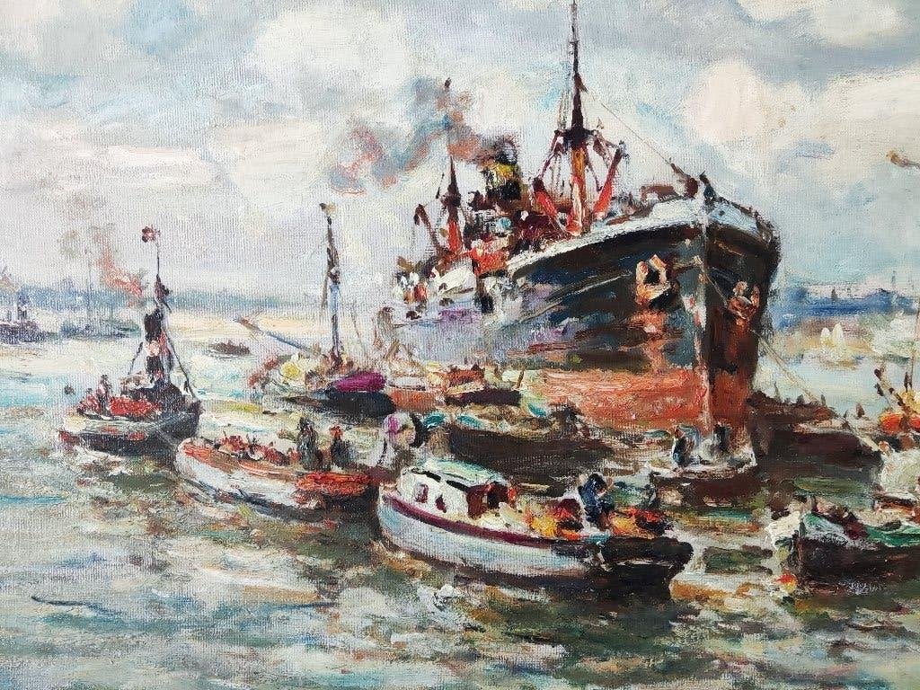 Evert Moll (1878-1955) - Havengezicht Rotterdam, Maritiem / water, Doek, Ophalen of Verzenden, Olieverf