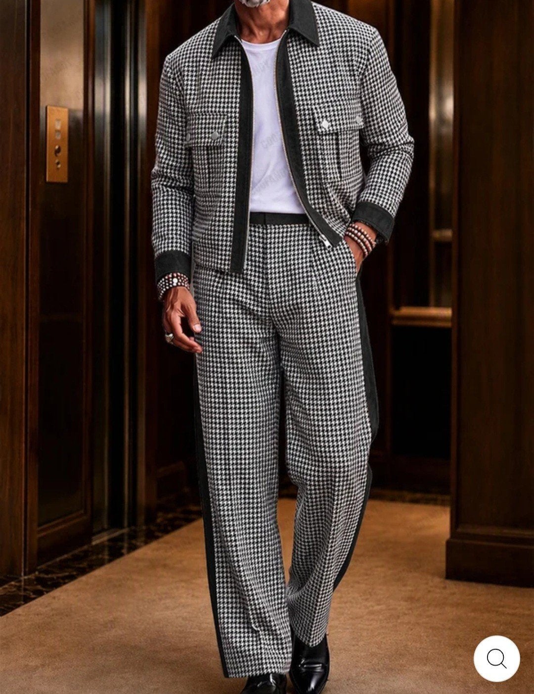 Stijlvol Zwart-Wit Houndstooth Pak - Maat M, Onbekend, Maat 48/50 (M), Zwart, Ophalen of Verzenden