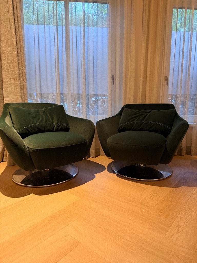 Set van 2 draaibare fauteuils in groen fluweel, Ophalen, 75 tot 100 cm, Zo goed als nieuw, Stof