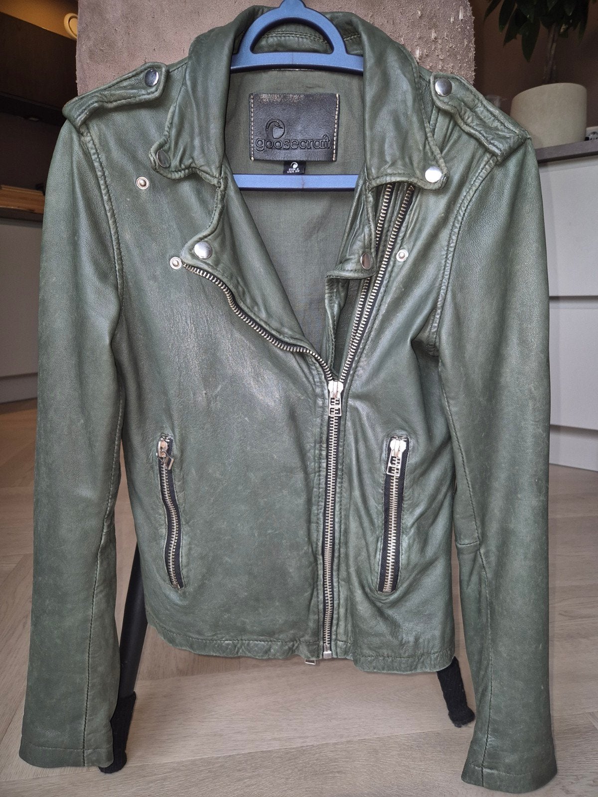 Goosecraft Leren Bikerjack - Groen, maat S, Goosecraft, Ophalen of Verzenden, Zo goed als nieuw, Maat 36 (S)