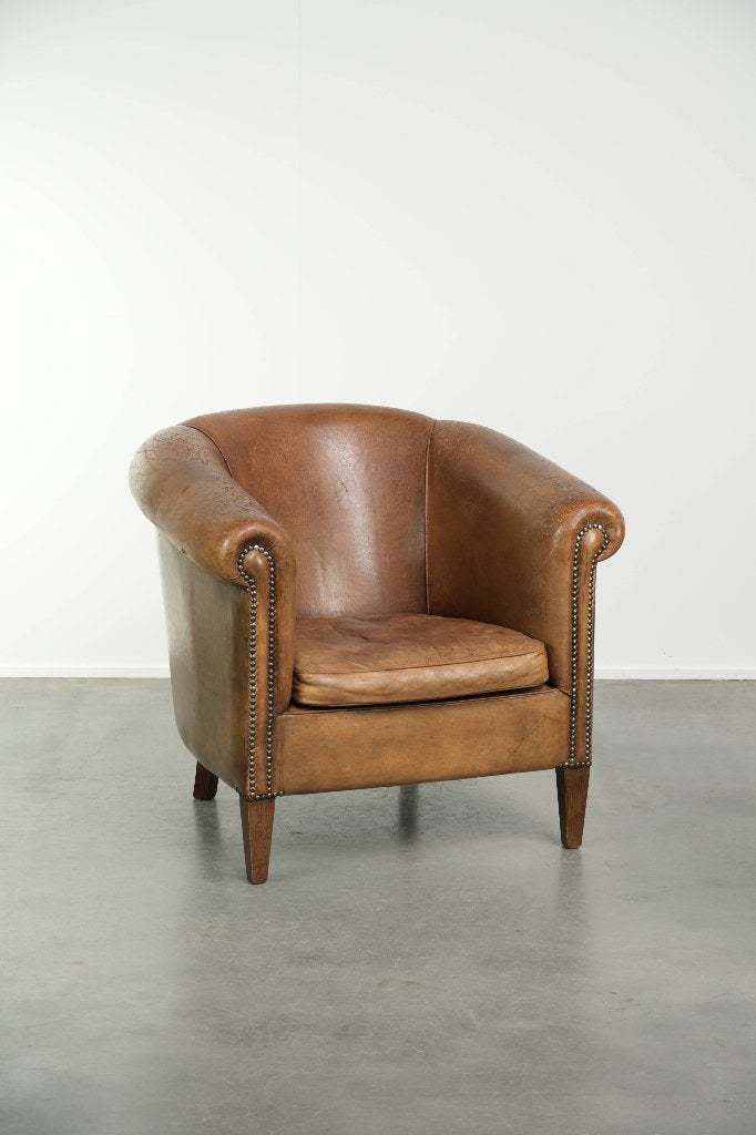 Stoere geleefde vintage schapenleren clubfauteuil, Huis en Inrichting, Ophalen, Gebruikt, Vintage, /