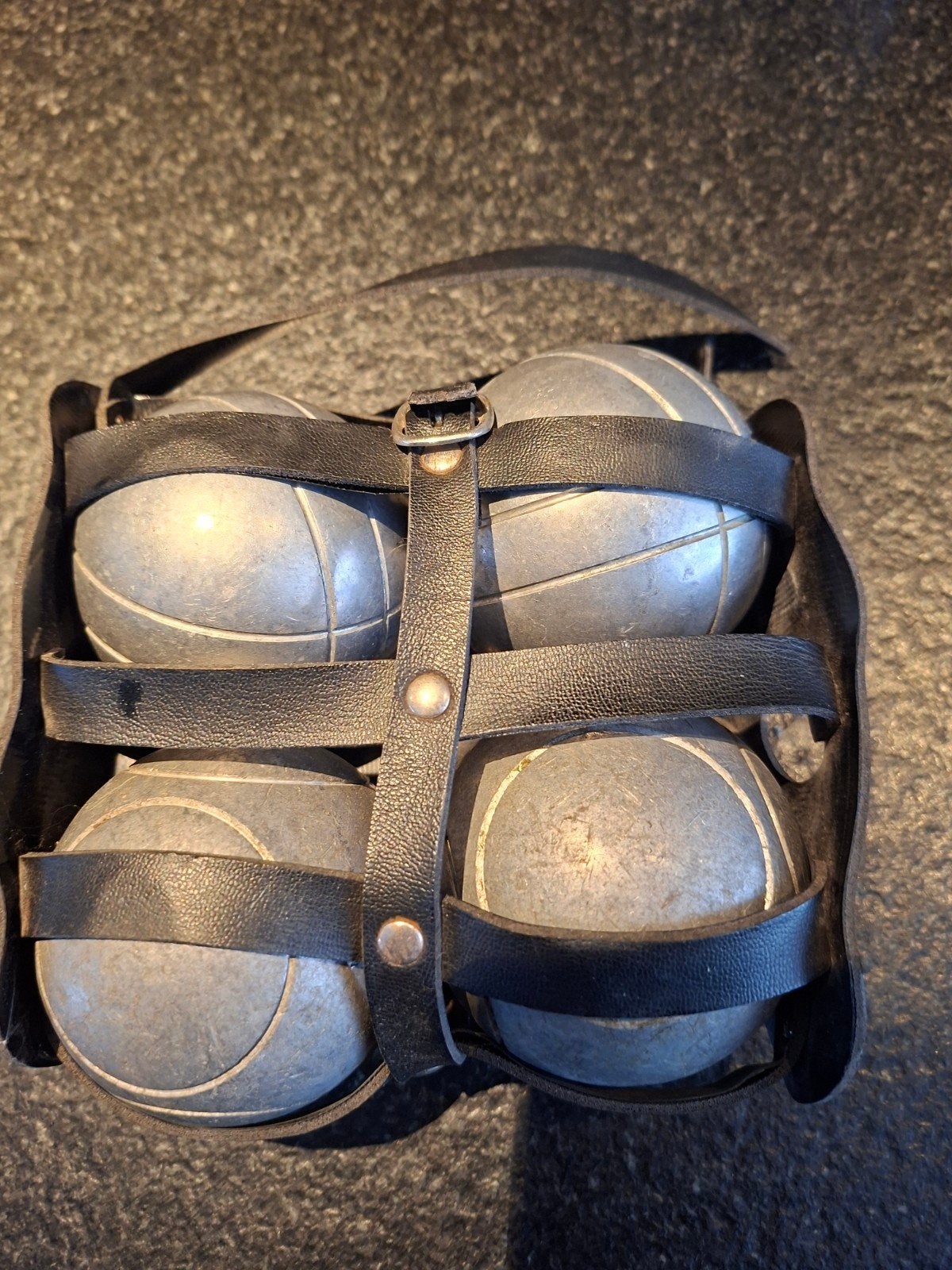 Vintage jeu de boules set in leren draagriem, Ophalen, Gebruikt