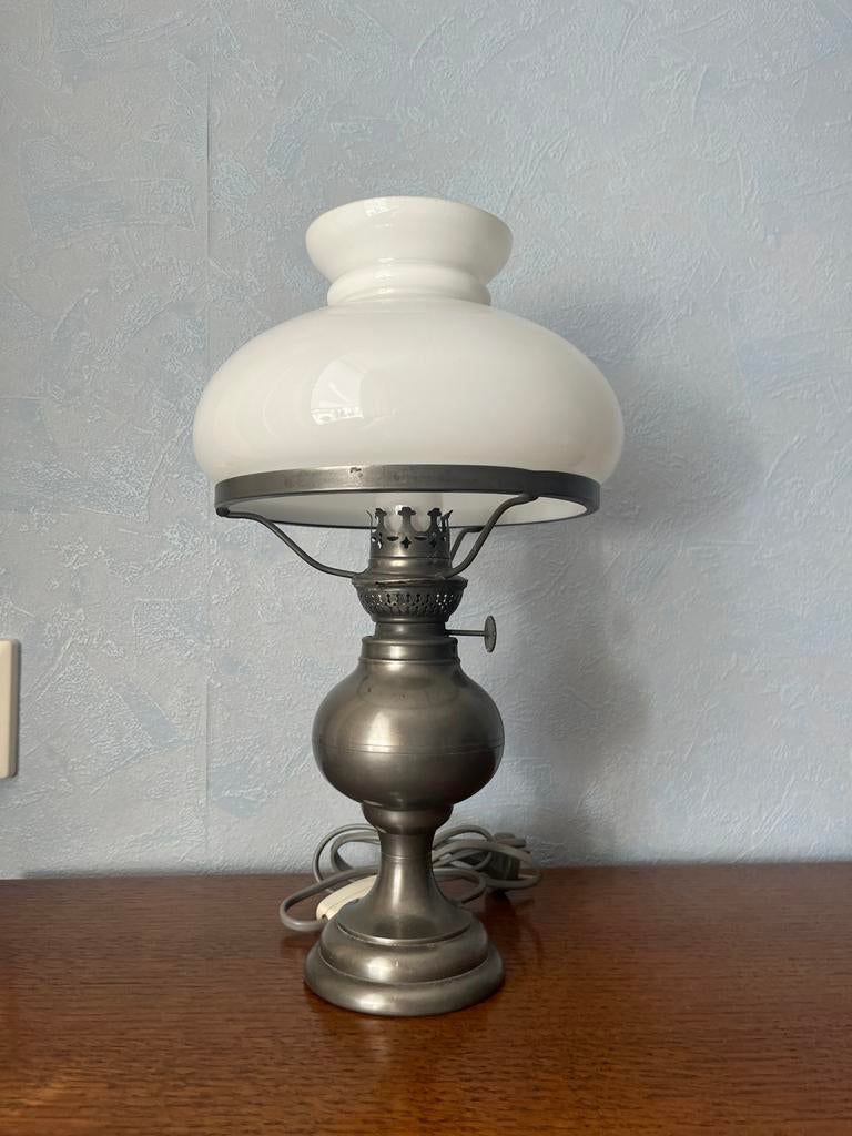 Antieke Tinnen Lamp met glazen kap, Ophalen of Verzenden