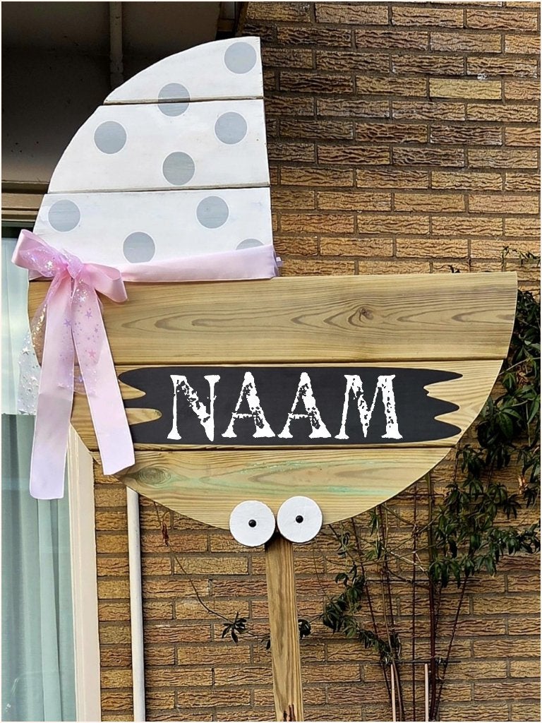 Geboortebord Grote Kinderwagen met Roze Strik & Naambord., Ophalen of Verzenden, Nieuw, Geboortebord