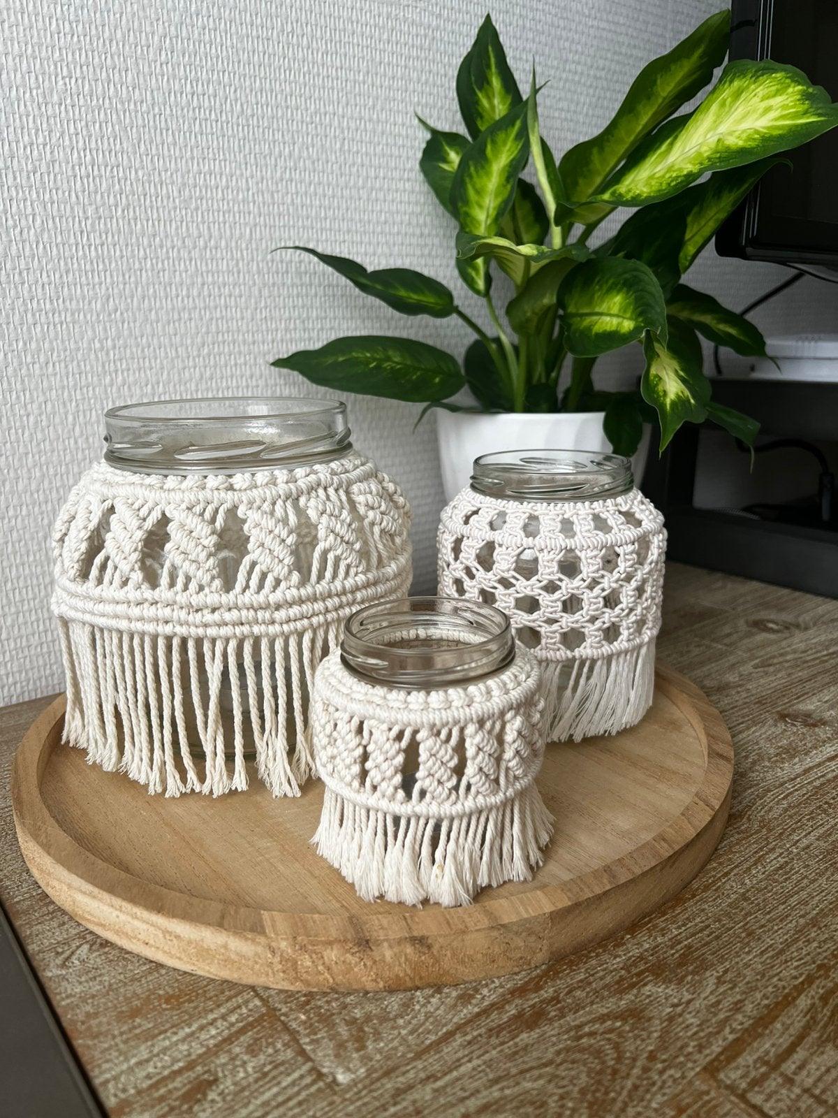 Set van 3 Macramé Windlichten / Vazen - Boho Stijl, Beige, Boho, Ophalen of Verzenden, Zo goed als nieuw