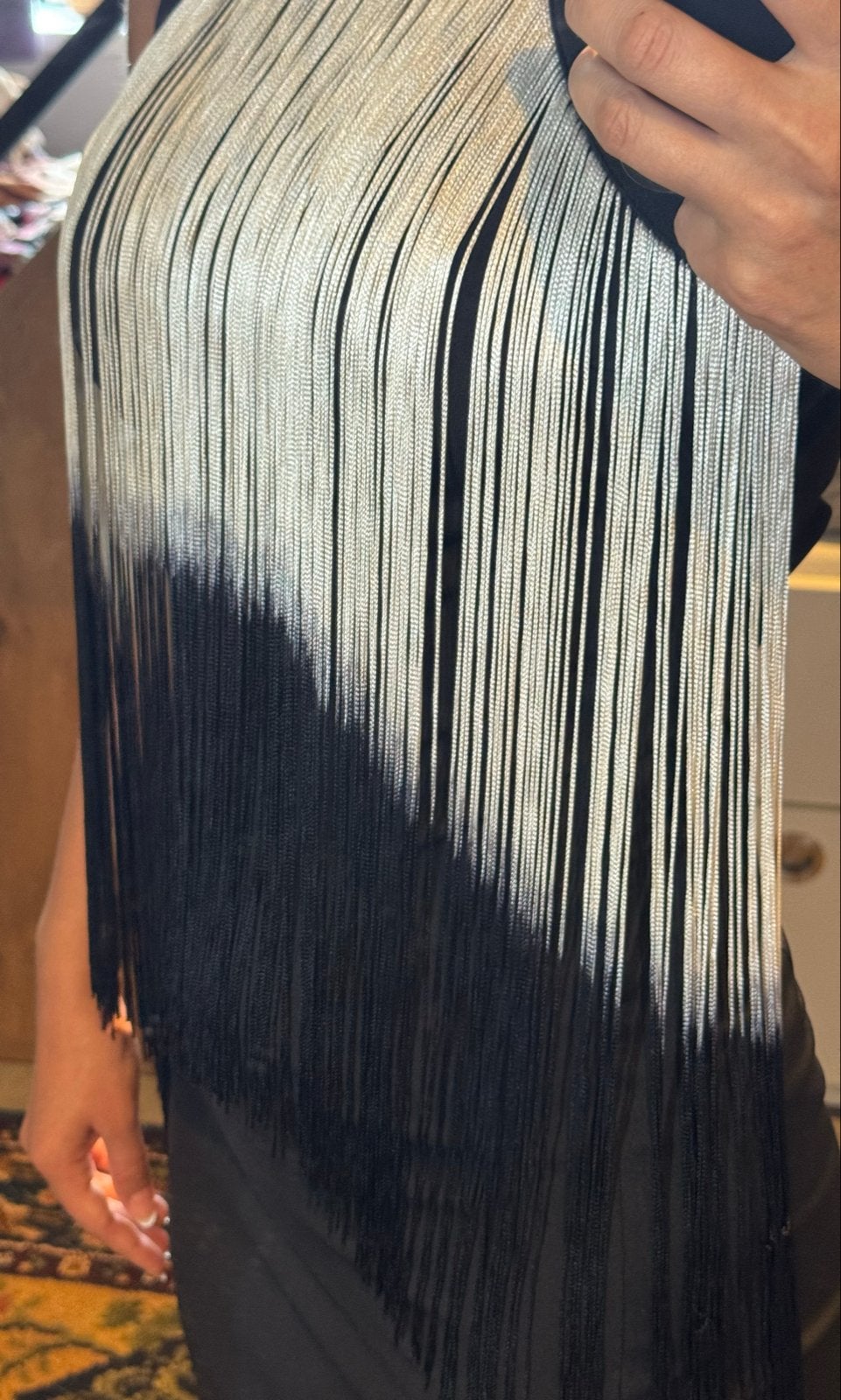 Chic Black & White Ombre Fringe Mini Dress, Ophalen, Zwart, Zo goed als nieuw, Maat 36 (S)