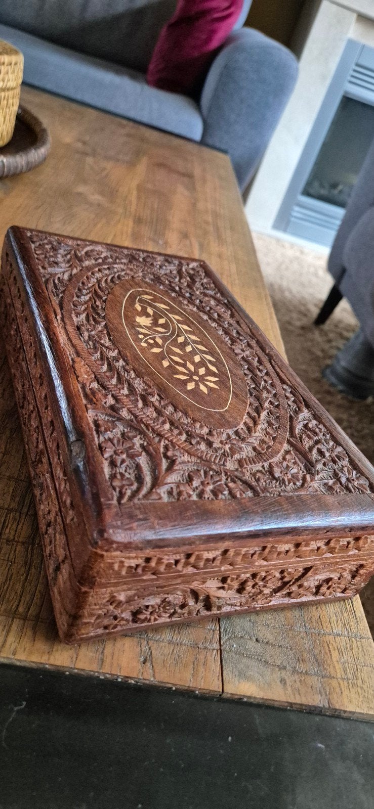 Vintage Handgesneden Houten Sieradendoos uit India Jaren '70, Ophalen of Verzenden