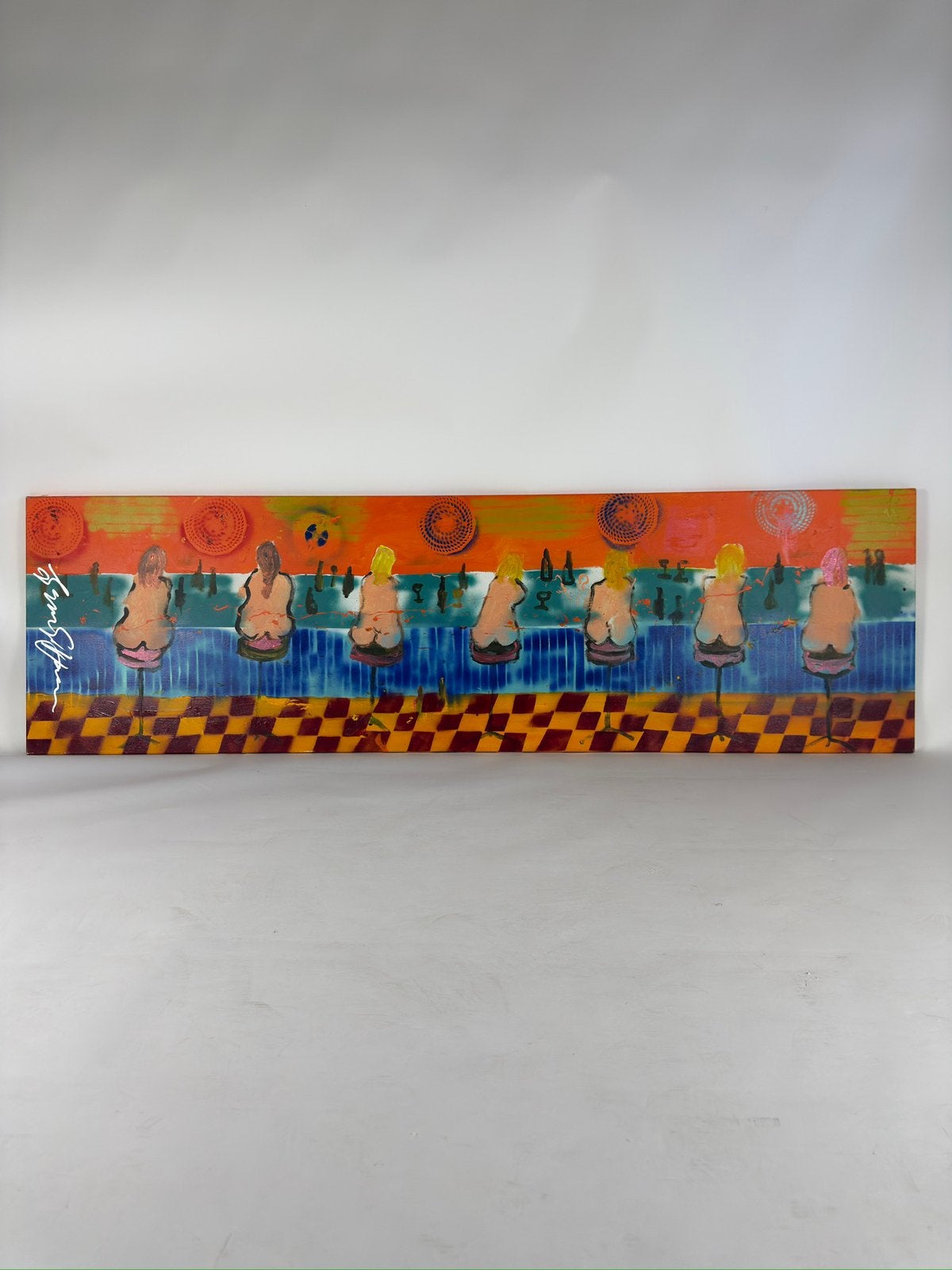 Espen Greger Hagen – panoramisch schilderij barscène, Antiek en Kunst, Ophalen, Figuren, Hout, Handgeschilderd
