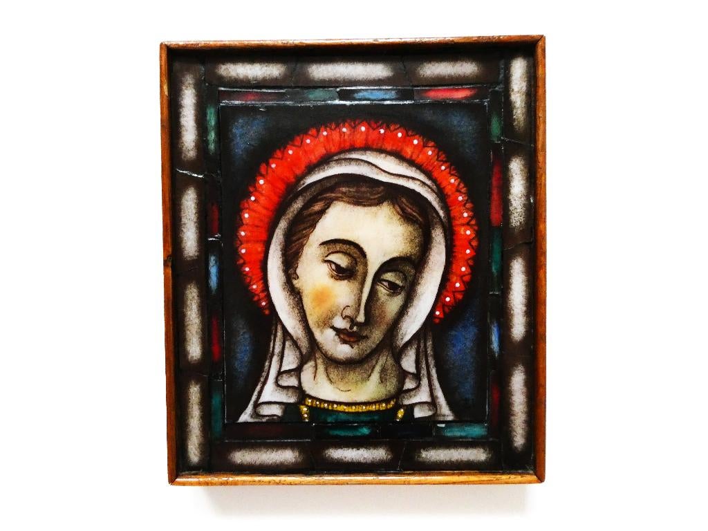 Een opaline gebrandschilderd glazen icoon van Maria, Antiek en Kunst, Ophalen of Verzenden
