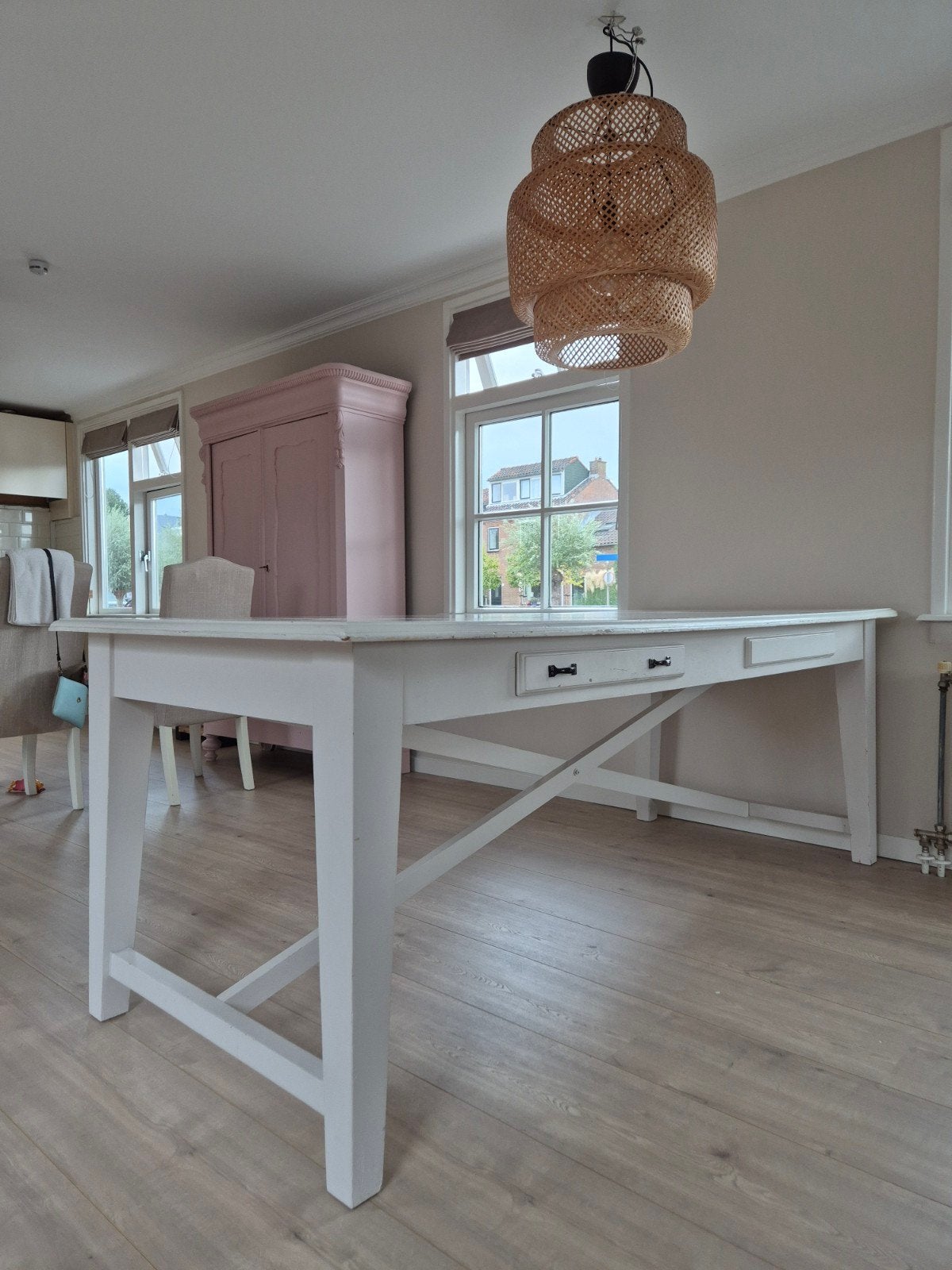 Witte brocante eettafel met lades, Ophalen, Gebruikt, 200 cm of meer, 50 tot 100 cm