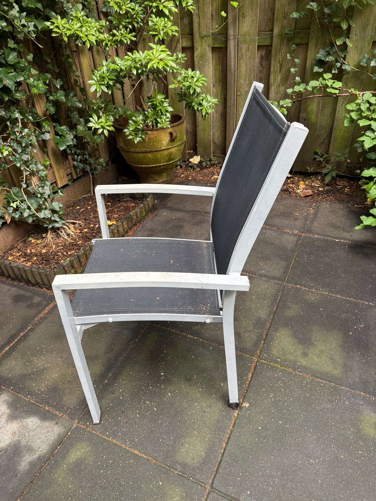 Tuinstoelen - Set van 8, grijs met zwart textileen, Tuin en Terras, Ophalen, Gebruikt, Aluminium, Stapelbaar