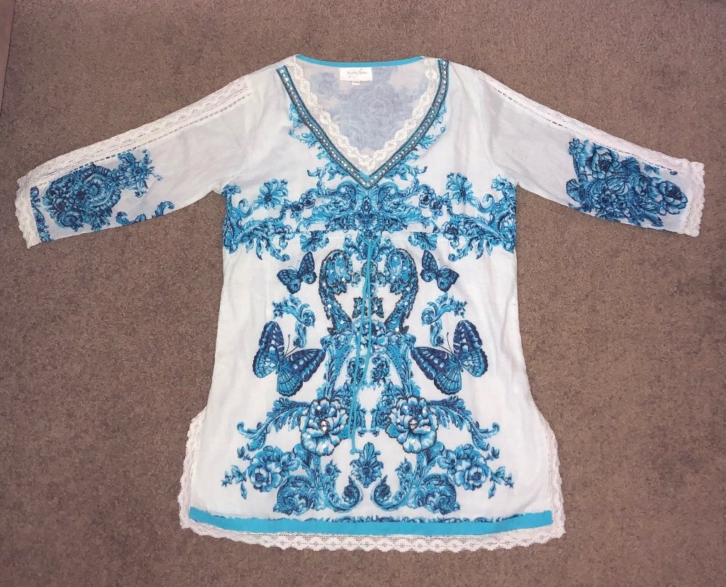 Leuk wit/blauw tuniek Ibiza style, Kleding | Dames, Blouses en Tunieken, Ophalen, Blauw, B love Beau, Zo goed als nieuw