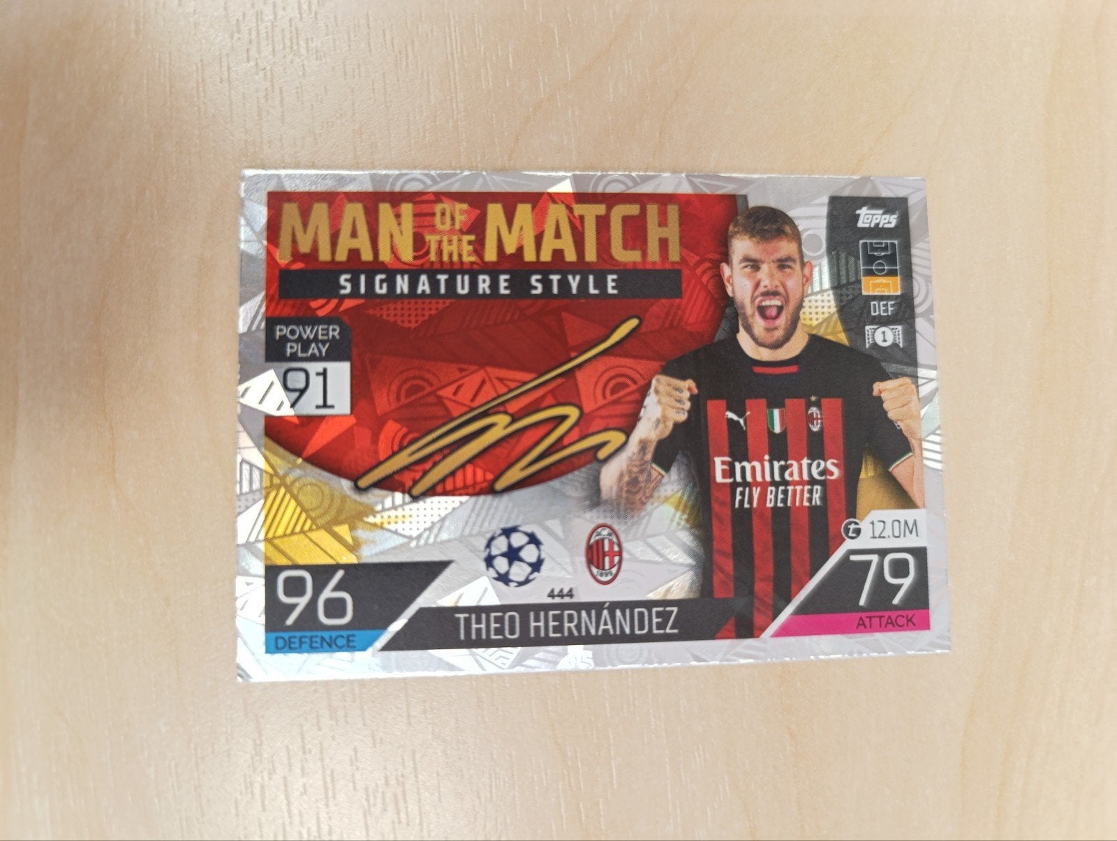 Topps Match Attax Theo Hernandez Man of the Match kaart, Ophalen of Verzenden, Zo goed als nieuw, Buitenlandse clubs, Spelerskaart