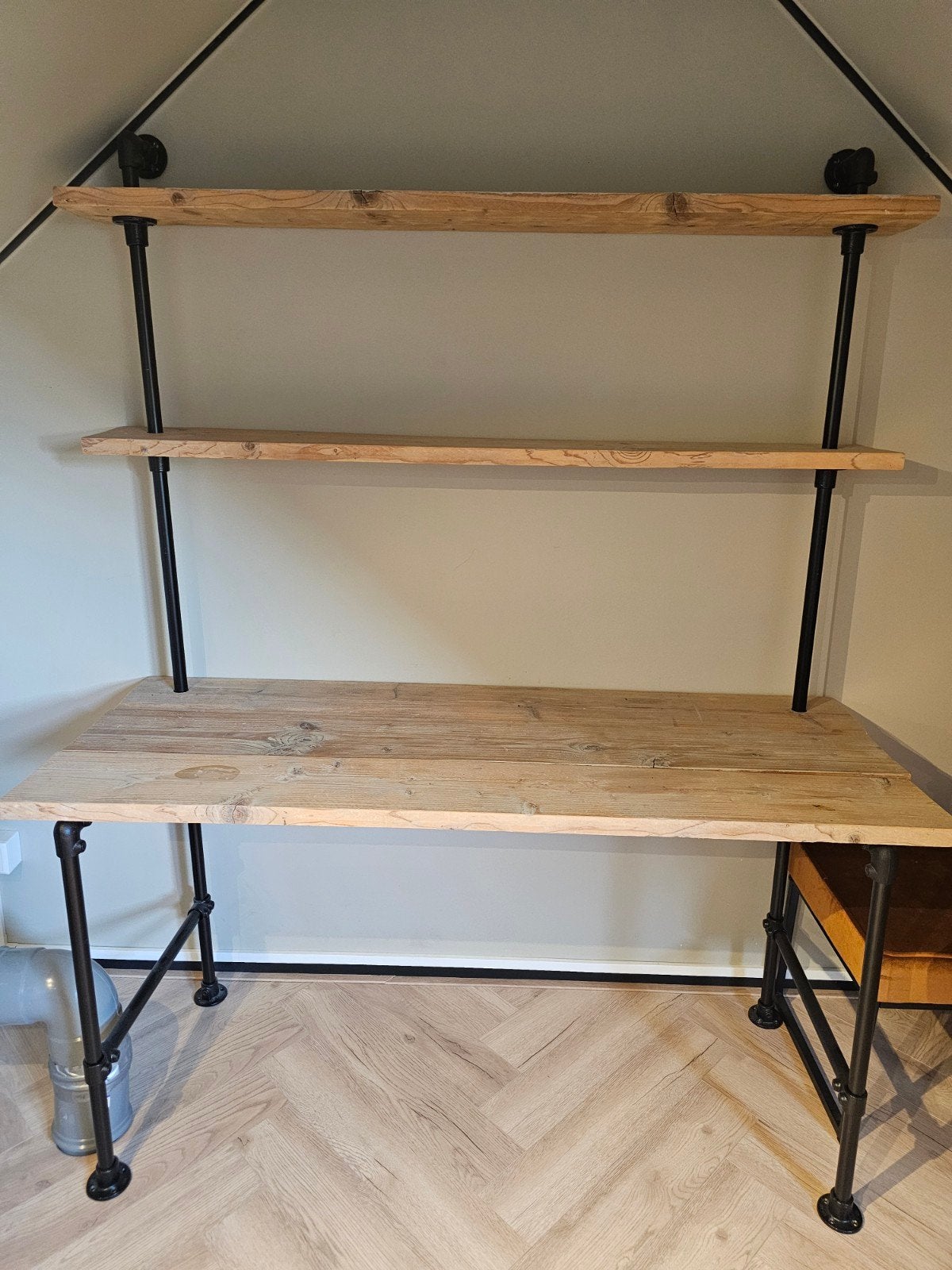 Industrieel bureau met planken - Hout en metaal, Ophalen, Opbergruimte, Hout, Bruin