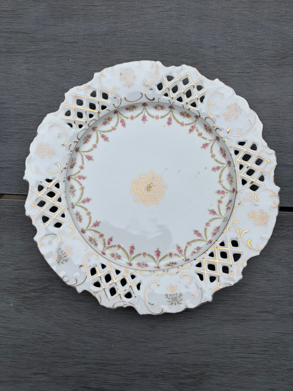 Antiek wandbord met goud en roze roosjes decoratie, Ophalen of Verzenden