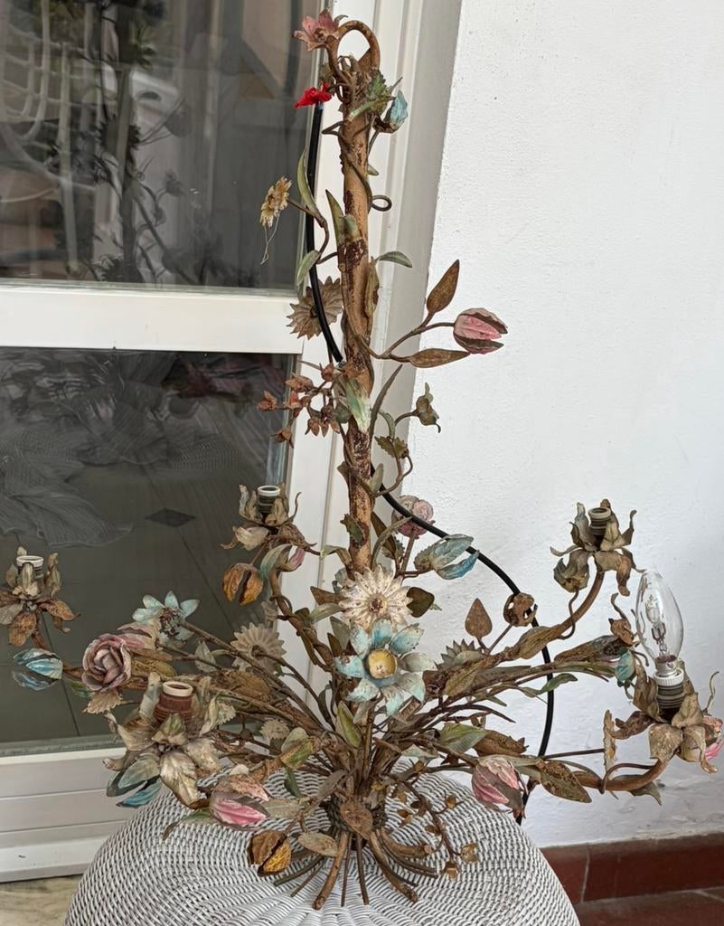 Florentijnse brocante kroonluchter bloemen, 5 armen, Ophalen of Verzenden