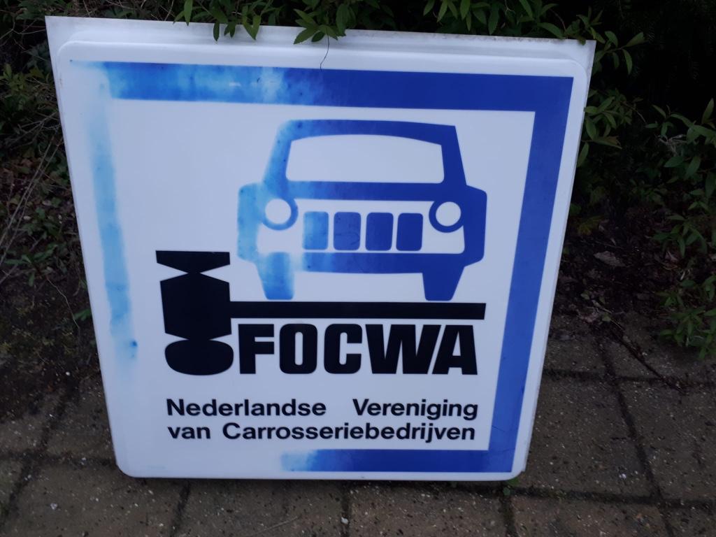 Focwa reclamebord lichtbak plaat, Ophalen, Gebruikt, Reclamebord