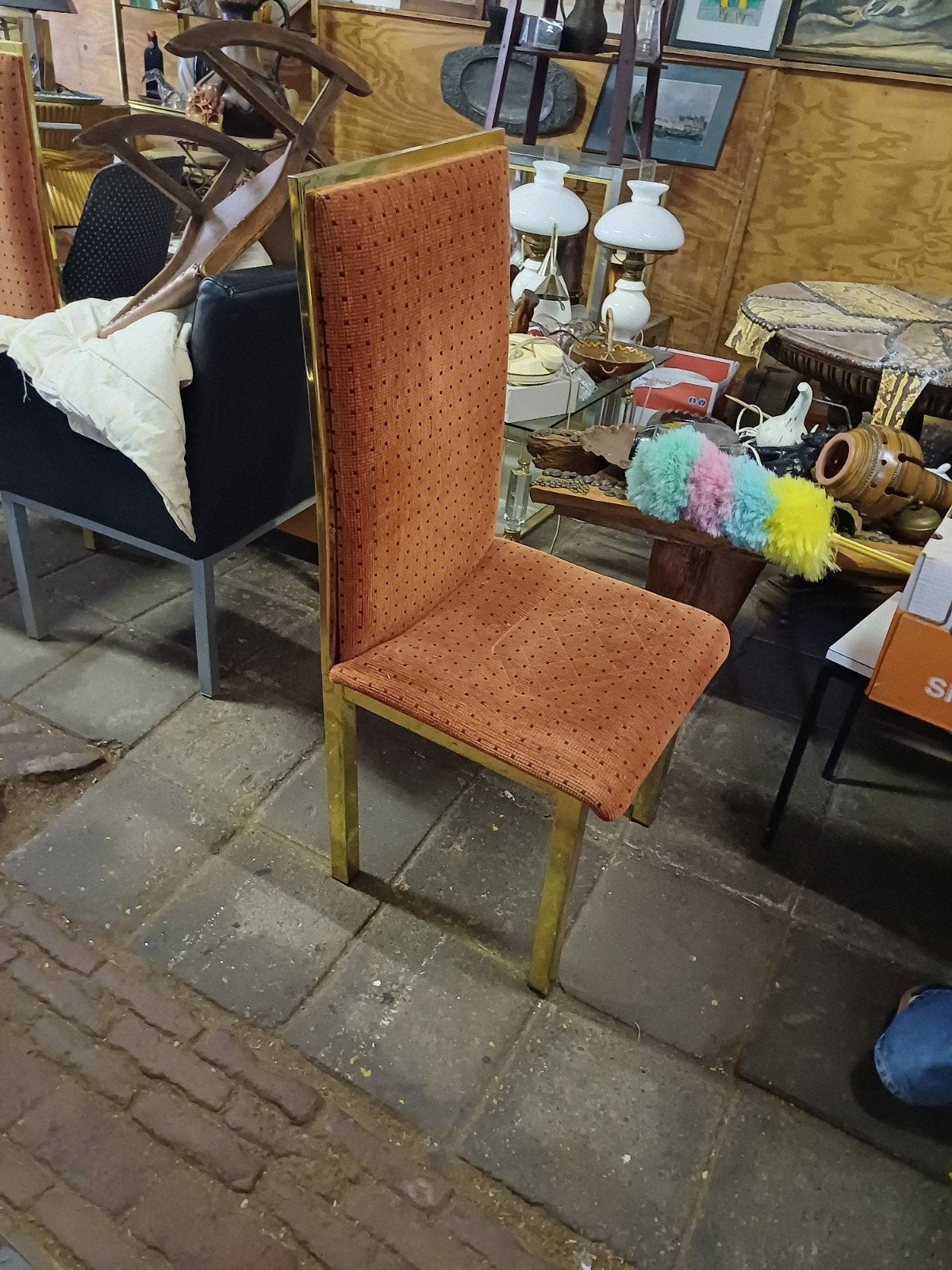 4 Hollywood Regency stoelen - messing & oranje bekleding, Ophalen