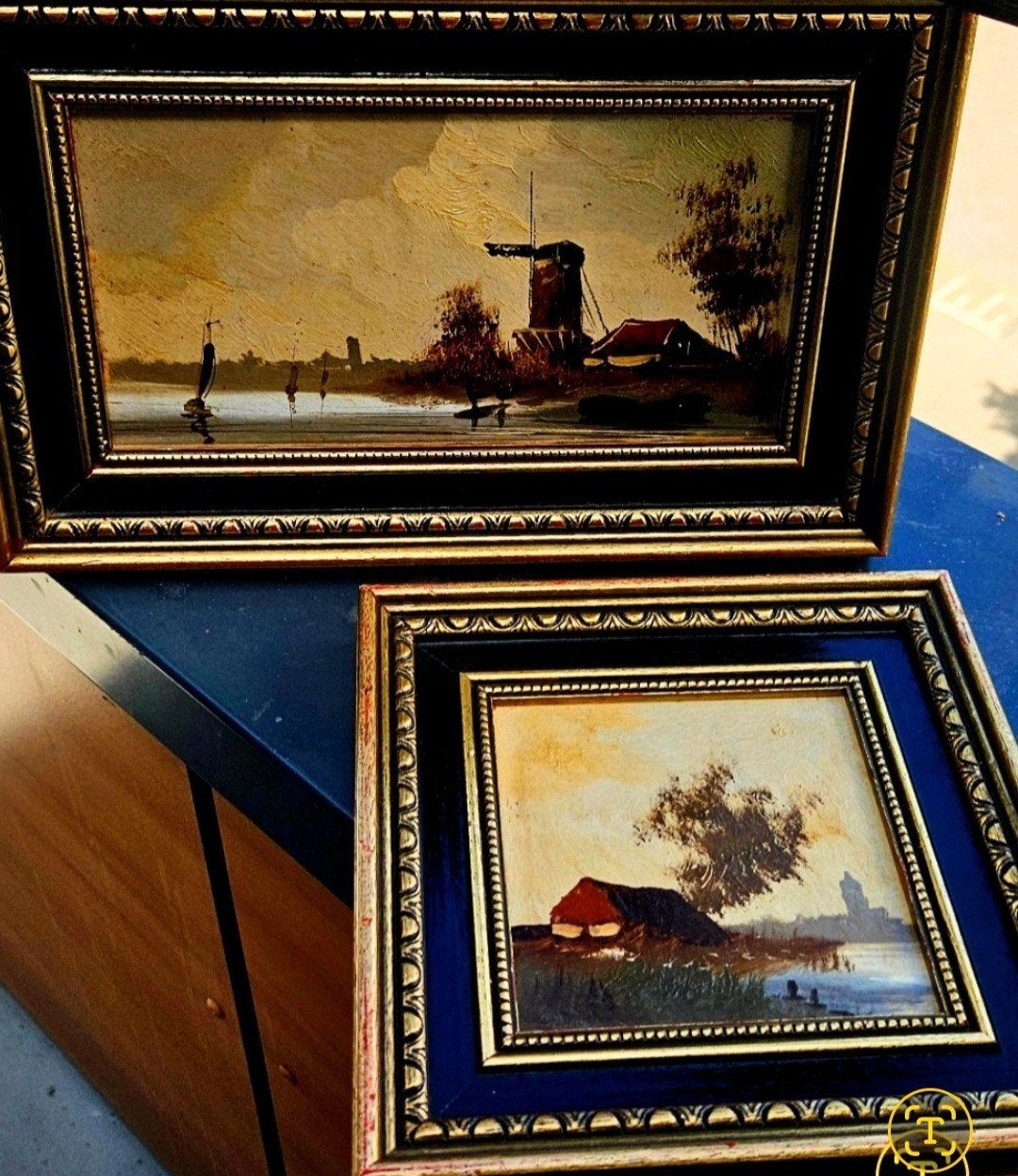 2 antieke Zaanseschans olieverf op paneel -sett, Ophalen, Oud hollands, Ingelijst, Maritiem / water
