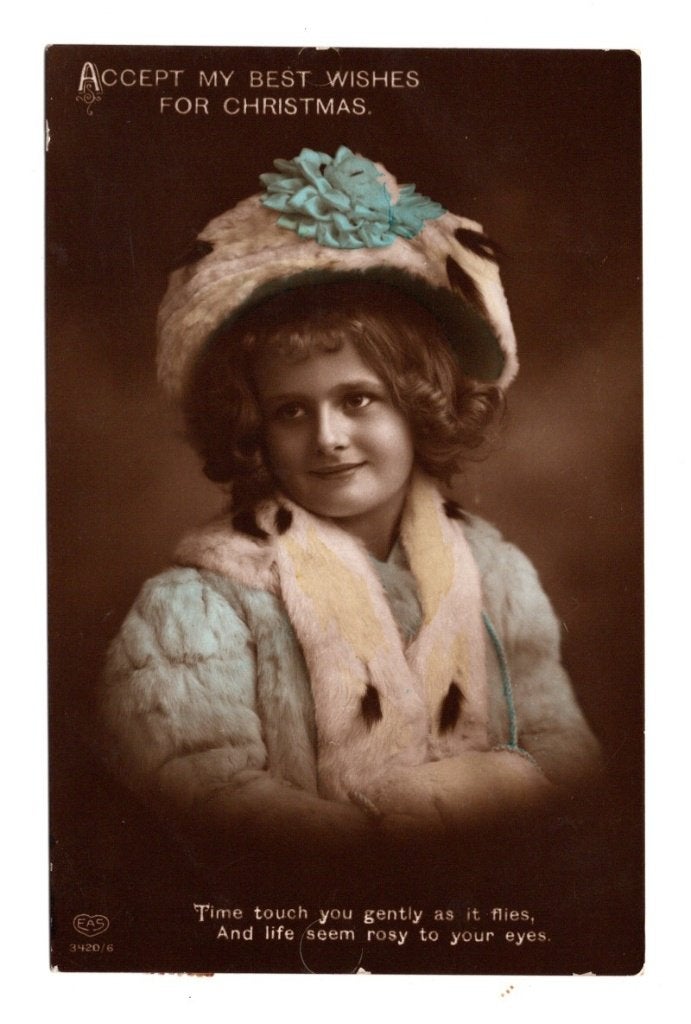 Oude Ansichtkaart Kerstkaart Meisje Bontmuts Gelopen, Ophalen of Verzenden, Voor 1920, Gelopen, Kinderen