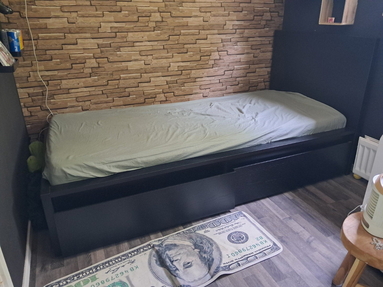 Zwart eenpersoonsbed met opbergruimte, Ophalen, Gebruikt, 90 cm, Eenpersoons