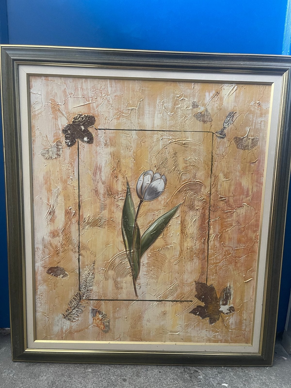 Schilderij met bloem en vlinders, ingelijst, 3D-effect, Ophalen of Verzenden, Gemengde techniek, Overige materialen