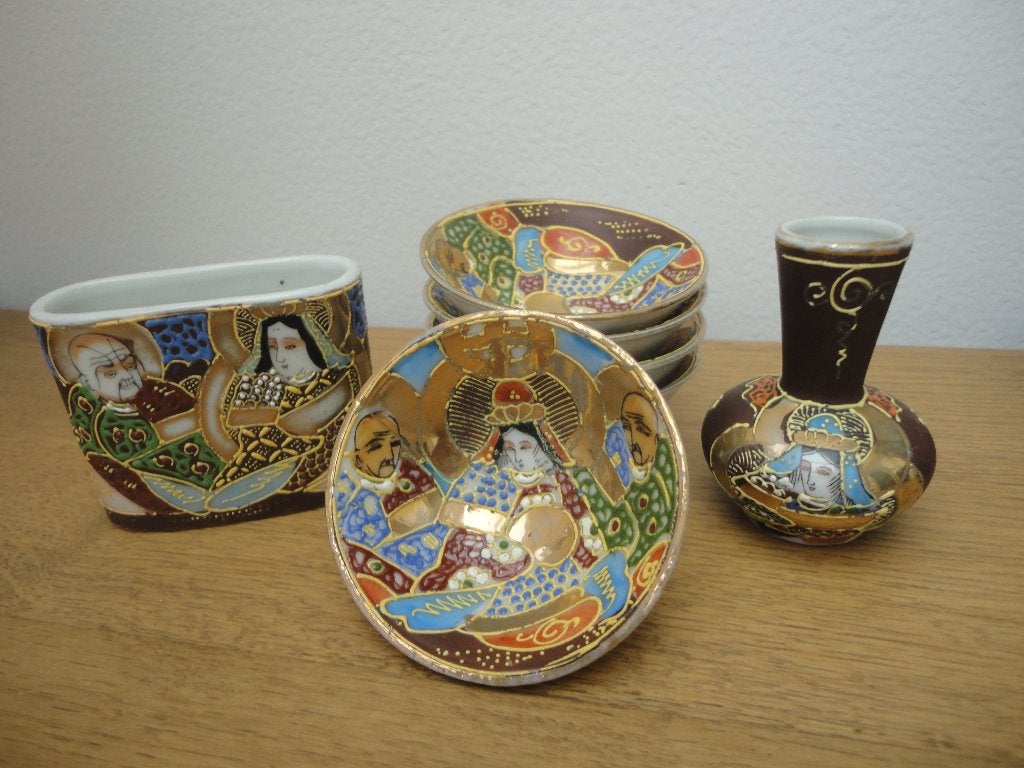 Oude Japanse Hand-Painted Satsuma vaasjes en schaaltjes, Ophalen of Verzenden