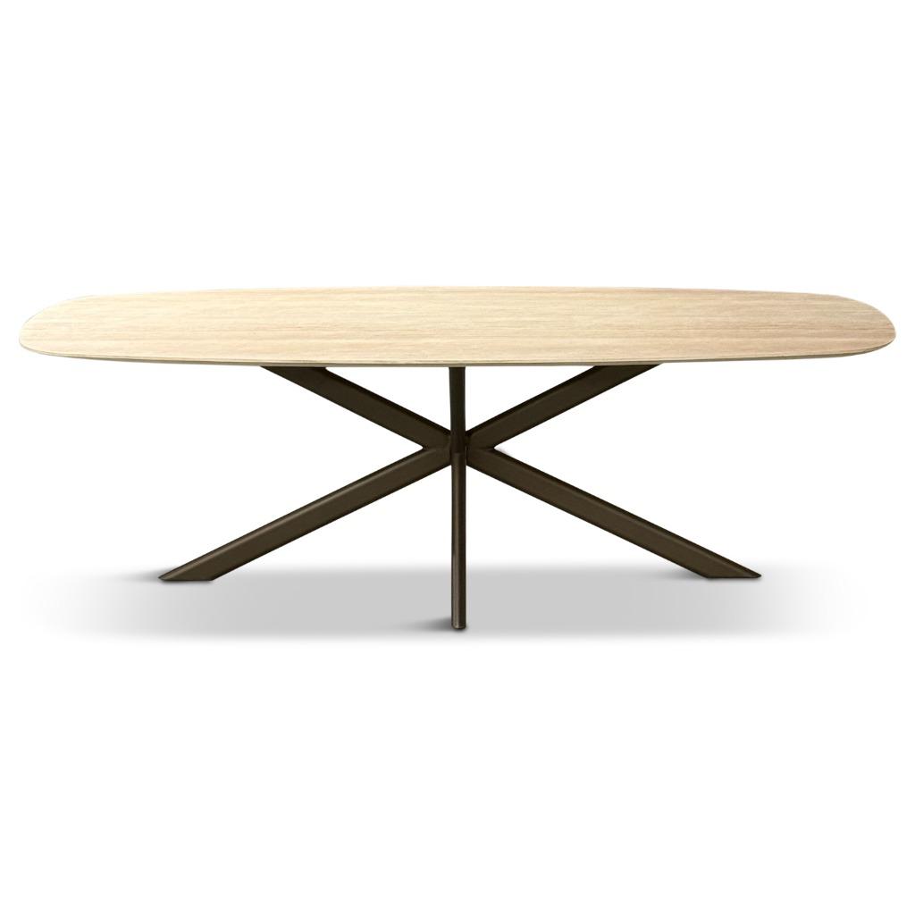 Tafel Hpl met travertine top en bruine spinpoot Japandi, Ophalen, 50 tot 100 cm, Vijf personen of meer, Nieuw