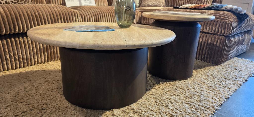 Ronde Salontafel & Bijzettafel | Travertin / Mangobruin |