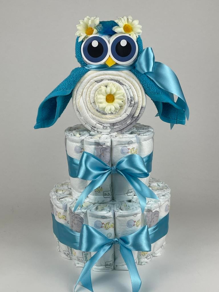 Luiertaart jongen uil aqua blauw, Ophalen of Verzenden, Nieuw, Kraamcadeau