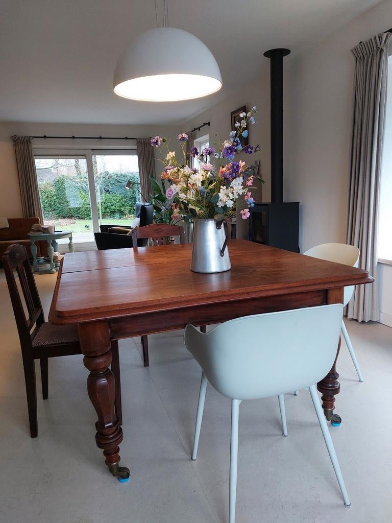 Antieke Engelse pull-out tafel, Ophalen, Gebruikt, Teakhout, Vijf personen of meer