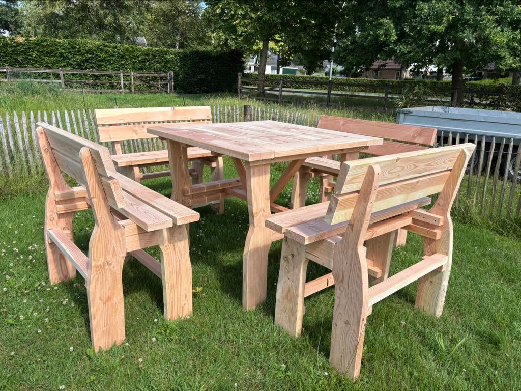 Douglas bartafel met bijpassende bankjes – Nu 10% korting, Tuin en Terras, Tuinsets en Loungesets, Nieuw, Hout, Bank, Ophalen of Verzenden
